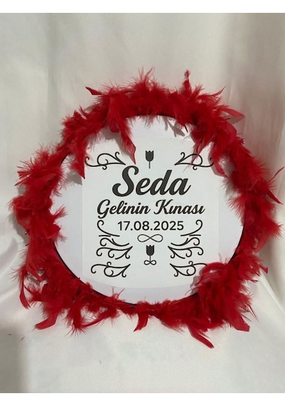 Gelin Tefi 30cm,isim Ve Tarih Yazılı Otriş Süslemeli Kına Tefi Kırmızı
