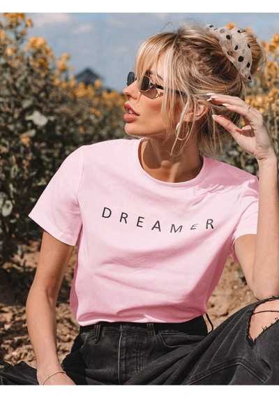 Dreamer T-shirt - Pembe Baskılı Oversize Bisiklet Yaka Kısa Kol Tişört Pembe