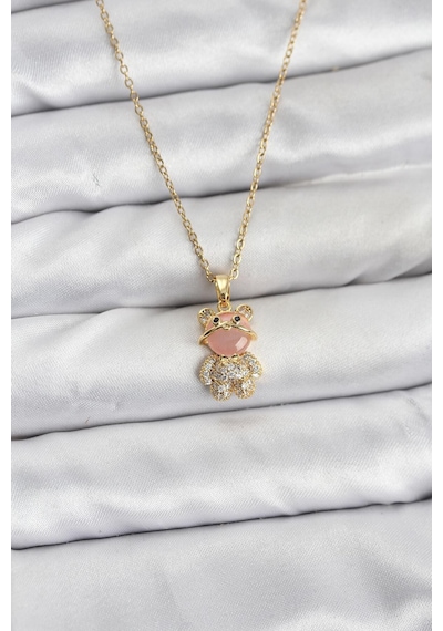 316l Çelik Zincir Gold Renk Teddy Bear Model Zirkon Taşlı Kadın Kolye - Çok Renkli