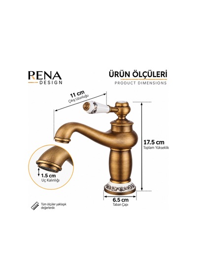 Rena Design Rustik Antik Lavabo Bataryası Banyo Musluğu Eskitme Porselen Işleme Armatür Otantik Bakır Retro Antik Eskitme