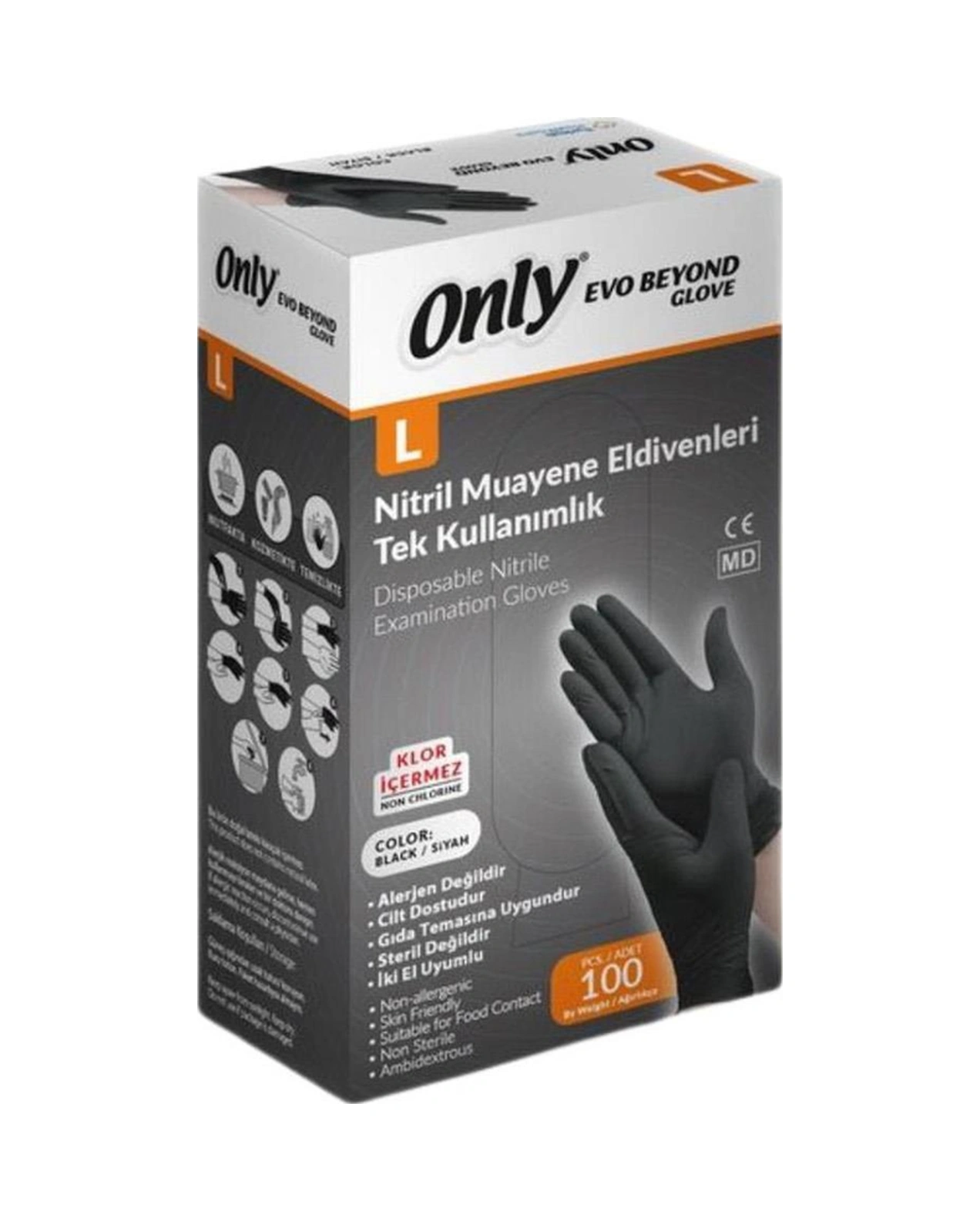 Only Evo Beyond Siyah Pudrasız Nitril Eldiven - Muayne İş Eldiveni - Large - 100'lü Paket