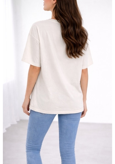 Soft&Basic Kadın %100 Organik Pamuk Baskılı Bisiklet Yaka T-shirt Beyaz