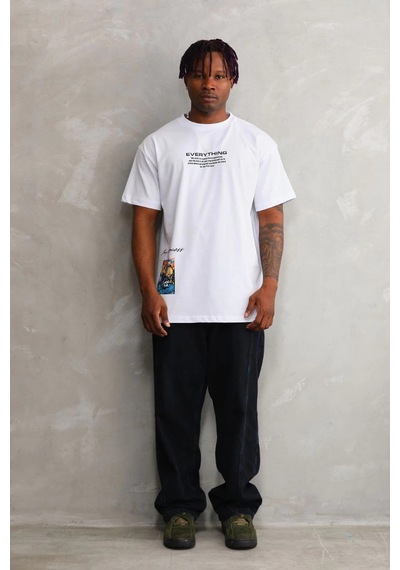 Barlashive Erkek Bisiklet Yaka Baskılı Oversize T-shirt - Beyaz Çok Renkli