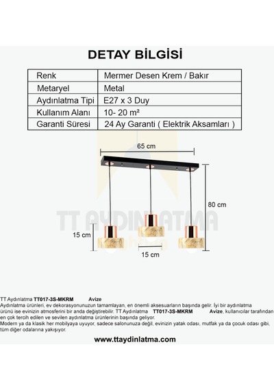 Tt017-3S-Mkrm Tt Aydınlatma Mermer Desen 3 Lü Sıralı Krem Avize