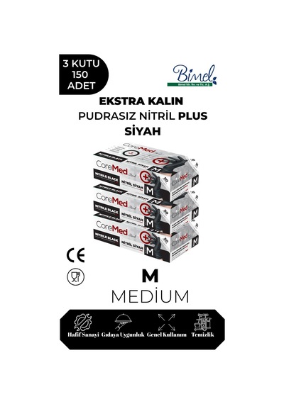 Ekstra Kalın Nitril Siyah Plus Muayene Eldiveni M - 3 Paket 50'li