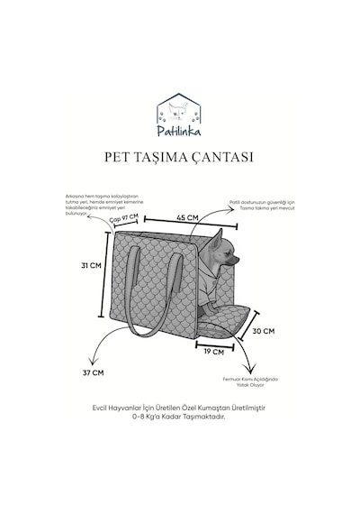 Patilinka Kedi Köpek Taşıma Çantası Pati Desenli Tasma Kancalı Oto Koltuğu - Taşıma Çantası