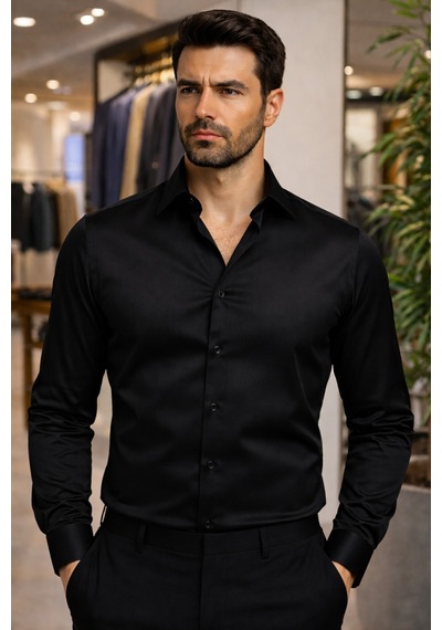 Suit Aydın Erkek Cepsiz Slimfit Siyah Gömlek Saten Kumaş Kırışmaz Özellikli Siyah