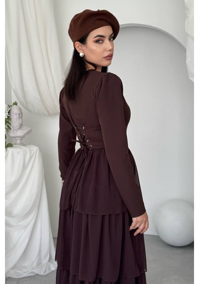 Nils Butik Korse Detaylı Midi Abiye Elbise Acı Kahverengi