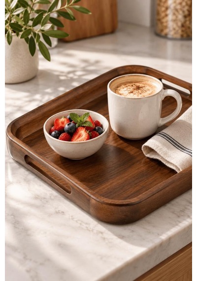 Atbyhome Akasya Ahşap Kulplu Servis Tepsisi 38x24x4 Cm - Dikdörtgen Kahvaltı Ve Kahve Sunum Tepsisi