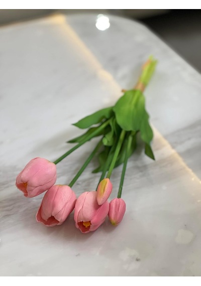 Yapay Lale Premium Islak Dokulu, Pembe, 42 Cm, 5 Kafa, Tek Demet, İç Mekan Dekorasyonu Çok Renkli