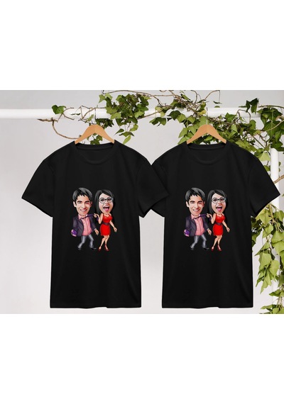 Bk Gift Kişiye Özel Sevgililer Karikatürlü İkili Siyah T-shirt Seti, Sevgililer Hediye, Çift Hediyesi, Yıl Dönümü Hediyesi, Kişiye Özel Tişört-9