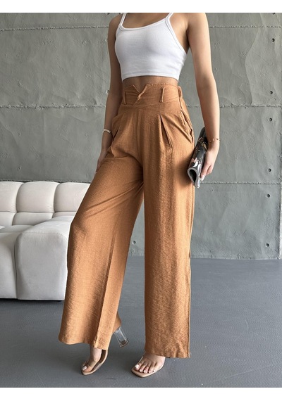 Eke Tekstil Kadın Camel Keten Paçaları Yırtmaçlı Pantolon-camel Camel