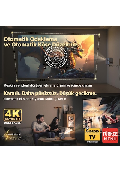 Vankyo H300A 6G Wi-Fi + BT 5.2 HiFi Dolby 240" Android TV 4K Destekli Projeksiyon Cihazı Gri