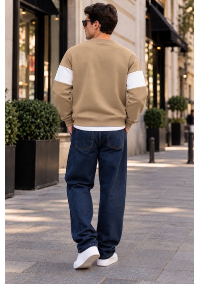 Tarz Cool Erkek Şerit Detaylı Believe Baskılı 3 İplik Şardonlu Bisiklet Yaka Sweatshirt Bej