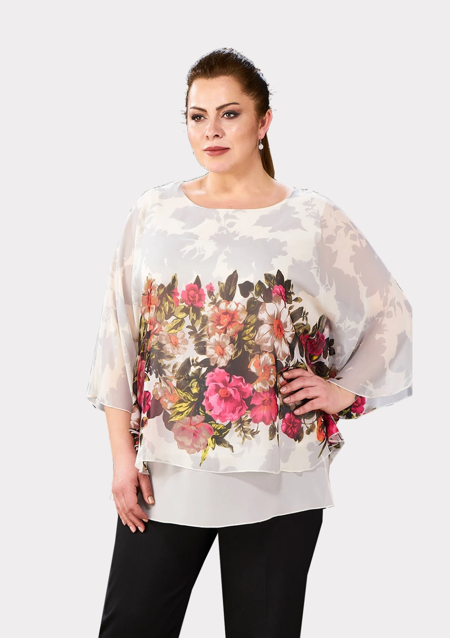 Lilas Xxl Büyük Beden Pembe Renkli Çiçekli Yarasa Kol Şifon Bluz Beyaz