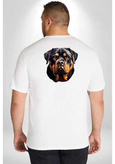 Angemiel Rottweiler Kafası Büyük Beden Beyaz Tişört Kadın Erkek Ünisex Sırt Baskılı Beyaz