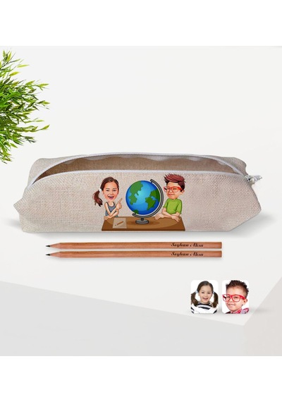 Çocuklara Özel Öğrenci Arkadaşlar Karikatürlü Keten Okul Kalemliğ