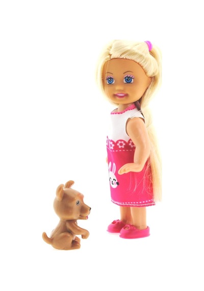 Cute Girl Kahverengi Köpekli Ve Sarışın Mini Bebek