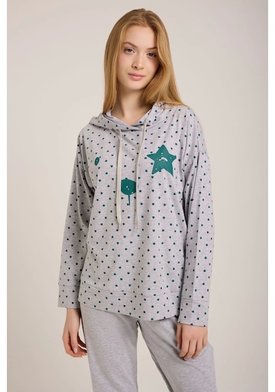 Kadın Gri Kalpli Kapşonlu Pijama Takımı Gri