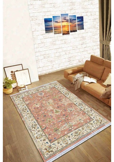 Pembe Çerçeveli Dokuma Pamuk Taban Kaymaz Kilim Klm025n11