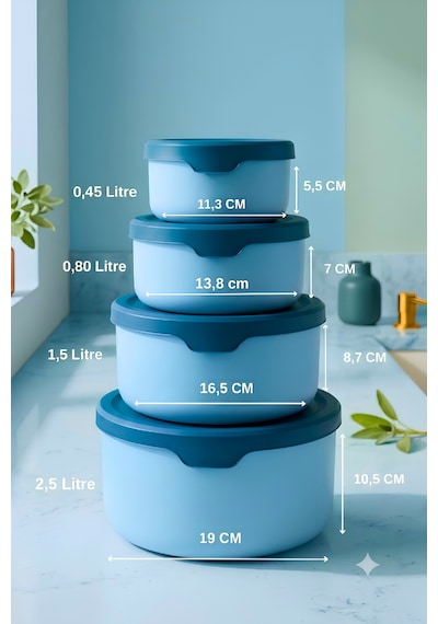 Yuvarlak Saklama Kabı Seti 0,45ml -0,8ml-1.5l-2.5l Mavi