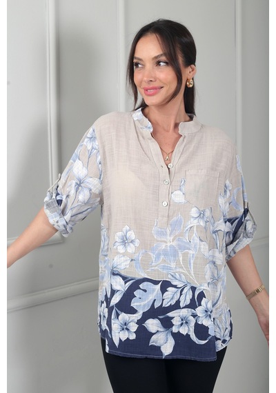 By Saygı Kadın Üç Düğme Detaylı Çiçek Desenli Tek Cepli İtalyan Cotton Oversize Bluz Bej