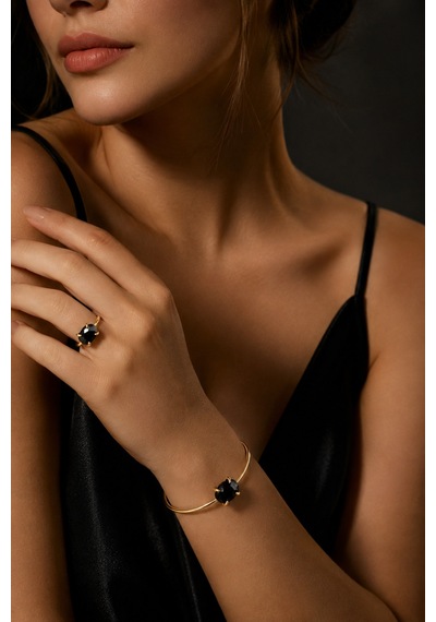 14 Ayar Altın Kaplama %100 Saf Bakır Doğal Oniks Taşlı Kadın Bileklik Ve Yüzük Seti Siyah