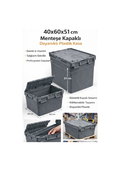 3lü 40 60 51 Cm Gri Menteşe Kapaklı Plastik Kasa