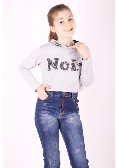 Toontoy Kız Çocuk Taş İşlemeli Kapşonlu Sweatshirt Gri Melanj