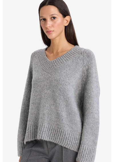 Defacto Oversize Geniş Kalıp V Yaka Triko Kazak G6290ax25wngr156 Gri-gr156