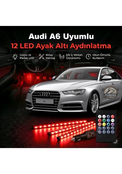 Audi A6 Uyumlu Uyumlu Rgb Ayak Altı Led 12 Led Kumandalı Müzik Duyarlı Araç İçi Aydınlatma 7 Renk 12v 1