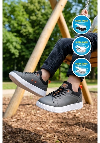 Walkway Füme Lastik Bağcıklı Comfort Rahat Tabanlı Erkek Çocuk Sneaker Balase F
