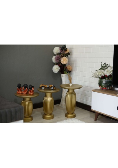 Wood Ahşap 3 Lü Set Mantar Yan Sehpa Konik Model / Altın Varak Renk / Zigon Sehpa Kahverengi