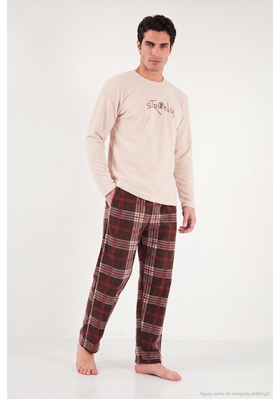 Buratti Ekoseli Bisiklet Yaka Yumuşak Dokulu Polar Pijama Takımı Erkek Pijama Takımı 6097000 Bej