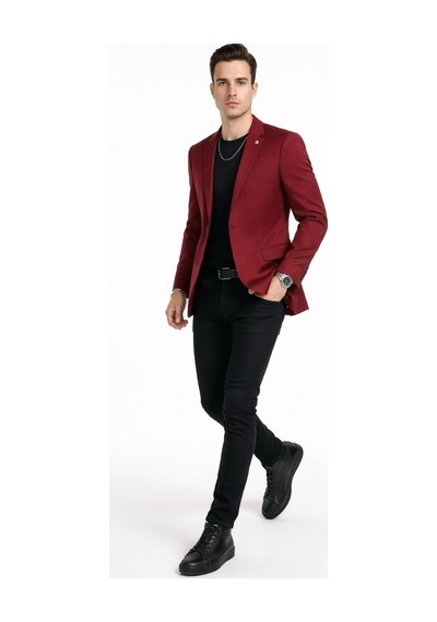 Plus Scorpion Erkek Mono Yaka Tek Düğmeli Çift Yırtmaçlı Blazer Ceket Premium Dokuma Kumaş, 8 Renk Kırmızı