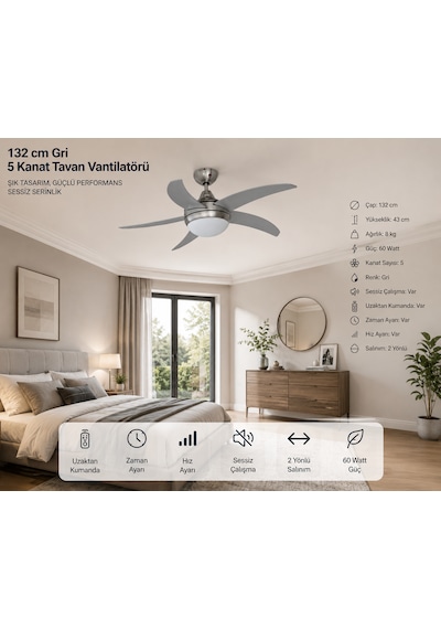 132 Cm Gri 5 Kanatlı Tavan Vantilatörü Uzaktan Kumandalı Sessiz Çalışma Zaman Ayarlı 60 Watt