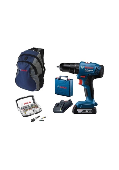 Bosch GSB 183-lı 2AH Tek Akülü Vidalama Darbeli Matkap + 32 Parça Bits Uç Seti + Mavi Sırt Çantası