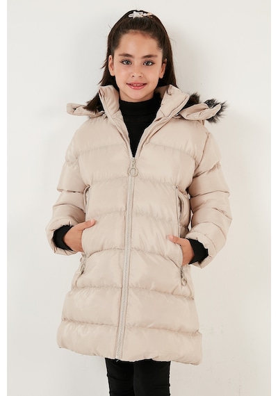 Lela Peluş Astarlı Yakası Suni Kürklü Çıkarılabilir Kapüşonlu Kışlık Kız Çocuk Mont 5766038 Taş