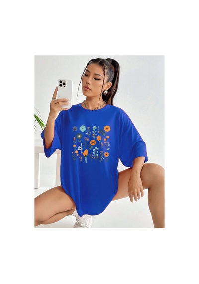 Medinenur Çiçek Baskılı Unisex Tshirt Mavi