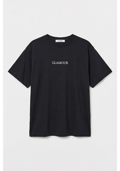 it's basic Kadın Siyah S6-1 Oversize Glamour Baskılı %100 Koton T-shirt
