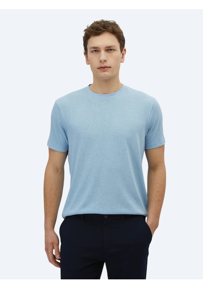 Kip Mavi Düz Bisiklet Yaka Pamuk Karışımlı T-shirt Mavi