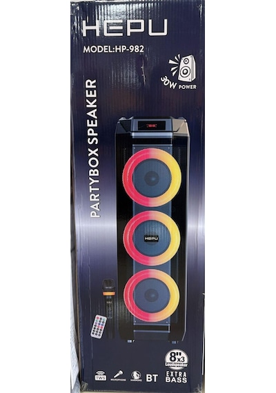 Hepu Hp-982 3x8'' Kablosuz 1 El Mikrofon Bluetooth Usb Şarjlı Rgb Işıklı Müzik Kutusu