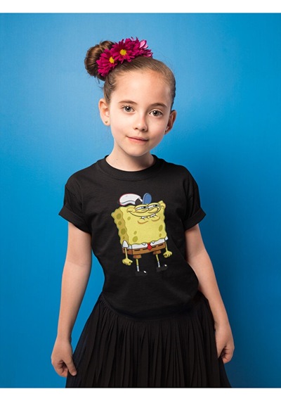 Sevbano Unisex Süngerbob Baskılı Çizgi Film Çocuk Tişört 1-12 Yaş Siyah