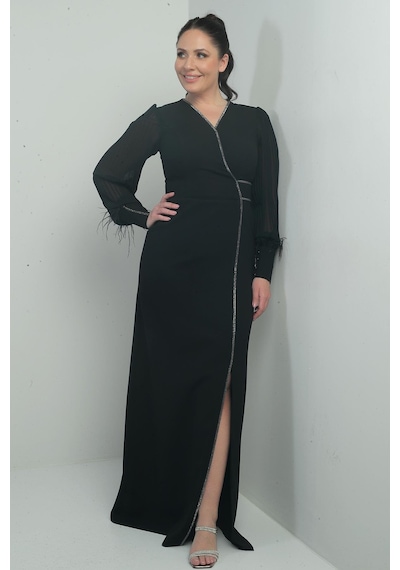 By Saygı Kadın Kolları Şifon Tüy Detaylı Taşlı B.b Uzun Elbise-40891 Siyah