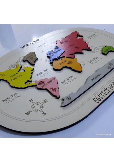 Kabartmalı Ahşap Dünya Kıtalar Haritası Montessorie Bul Tak Puzzle Diğer