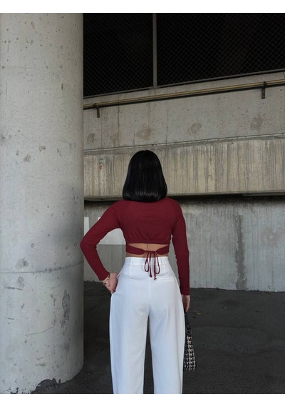 Lymens Şık Ve Modern Burgu Sırt Detay Crop Uzun Kollu Bisiklet Yaka Bluz Bordo