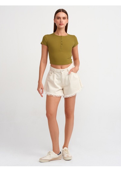 Dilvin Düğme Detaylı Detaylı Crop Top Haki
