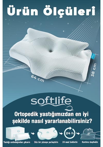 Nox Ice Serinletici Kılıflı Visco Soğuk Boyun Destekli Ortopedik Visco Yastık - Rahat Uyku Ve Güzellik Yastığı 64x38x12,5 Cm Mavi