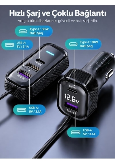 Yq6 Pd 30w Araç Şarj Cihazı 2x Type-c + 3x Usb, 1.5m Uzatma Kablosu