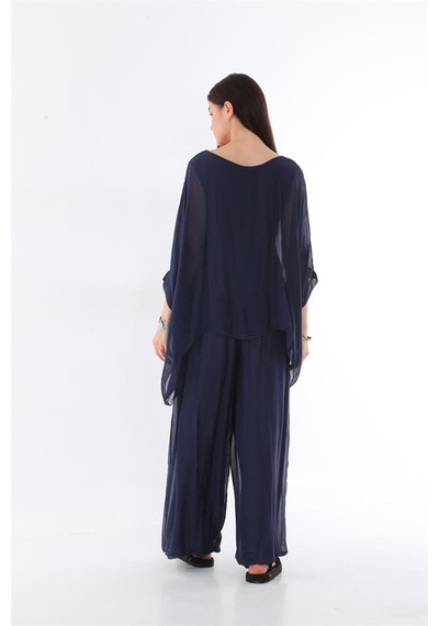 Bohem Stil İtalyan Yarasa Kol İpek Bluz & Pantolon Takım-8767 Lacivert